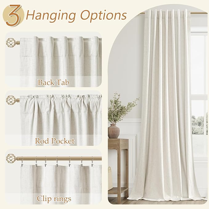 100% Blackout Linen Curtains for Bedroom 78 Inches Long Natural Cream Black Out - Image 6
