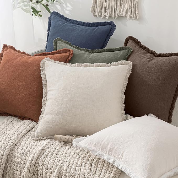MIULEE Boho Linen Fringe Decorative Fall Pillow Covers Reddish Brown 20x20 | - Image 6