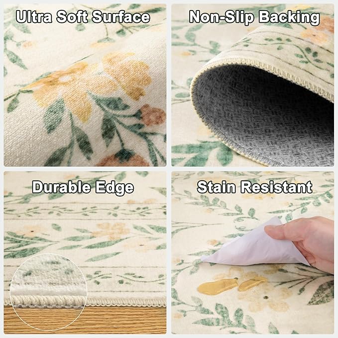 PLHXFR 2x6 Washable Runner Rug：Floral Indoor Kitchen Carpet Beige Multi | - Image 8