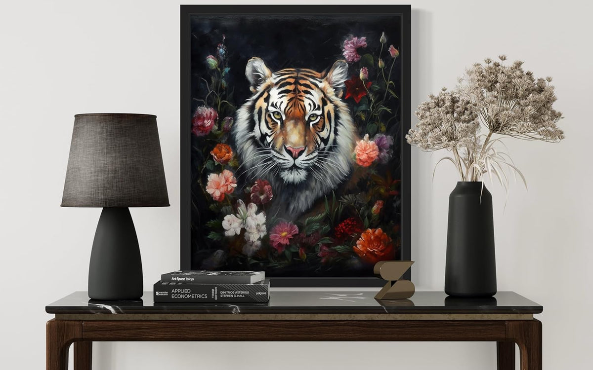 Tiger and Flower Poster Art Print, Halloween Scary Vintage Wall Art Academia Spooky Painting Decoration for Horror Prints, Gothic Posters Bedroom Decor 89 (Tiger and Flower, 8 x 10 inches, Black Frame)