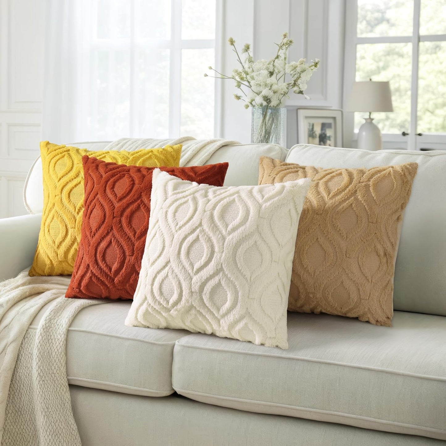 decorUhome Throw Pillow Covers 16x16 Inch Set of 2, Soft Plush Decorative Faux Fur Mustard Yellow Solid Couch Pillow Covers, Accent Farmhouse Neutral Square Euro Pillow Cases for Sofa Bed Living Room