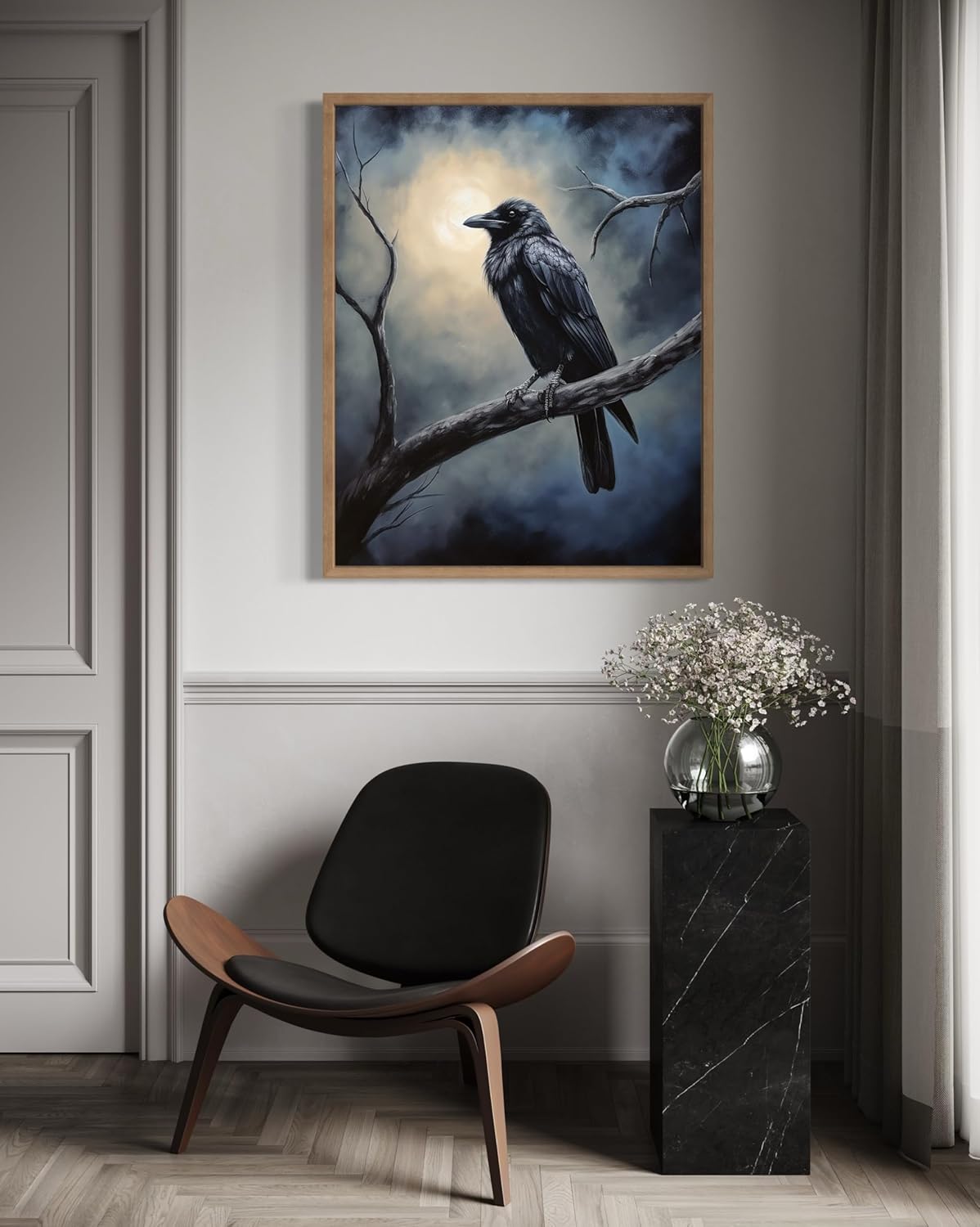 Crow under the Moonlight Poster Art Print, Halloween Scary Vintage Wall Art Academia Spooky Painting Decoration for Horror Prints, Gothic Posters Bedroom Decor 89 (Crow under the Moonlight, 16 x 20 inches, Wood Frame)