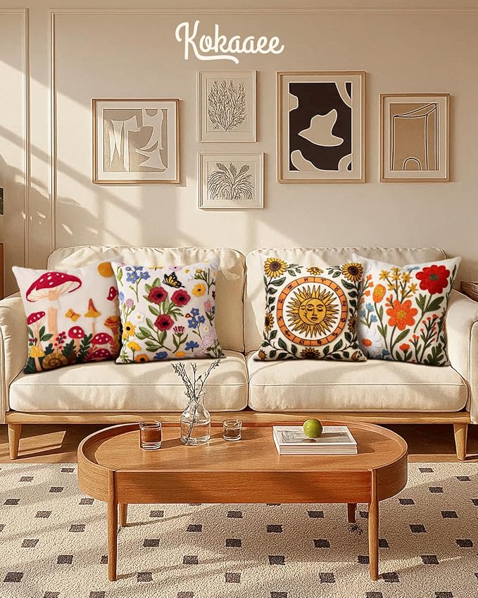 Embroidered Throw Pillow Cover 18x18 Inch, Flower Cluster | Decorative Pillow - Image 6