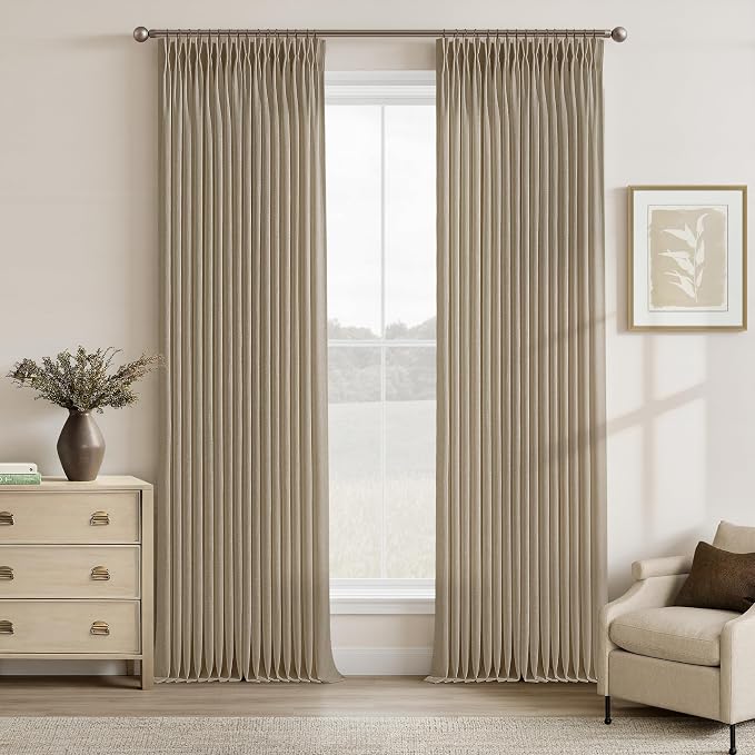 Pinch Pleated Semi Sheer Camel Tan Linen Curtains 96 Inches Long 2 Panels | by Twodrapes