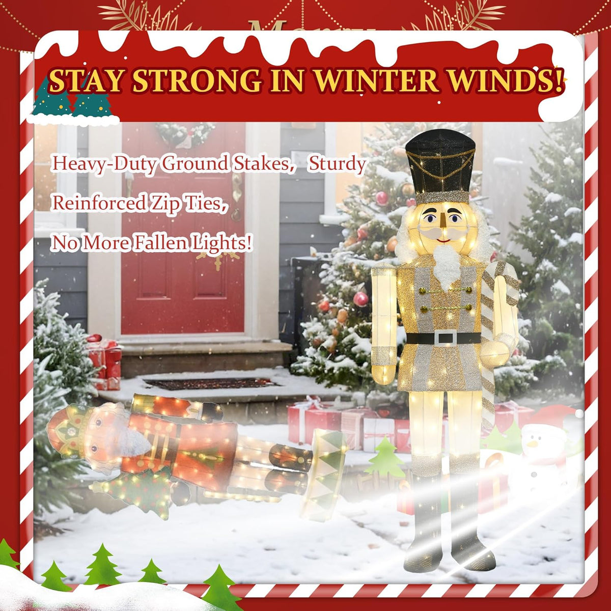 61Inch Nutcracker Christmas Decor Outdoor with LEDs 5 Feet Lighted Large Nutcracker Lighted Christmas Decorations Outdoor with Stakes & Zip Ties for Xmas Yard, Porch, Lawn