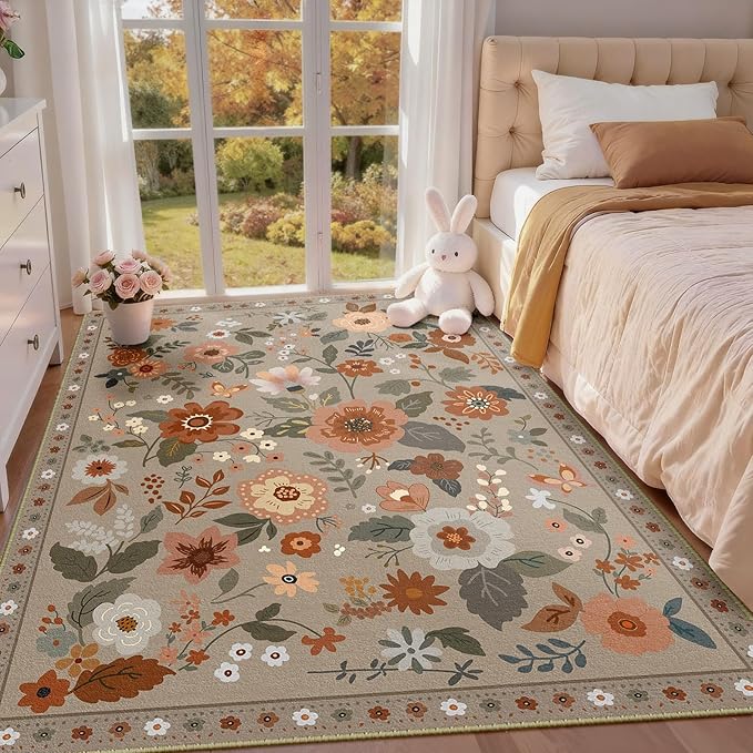 RELEANY Floral Washable 3x5 Area Rugs Brown/Brick | Flower Carpet Print Boho by RELEANY
