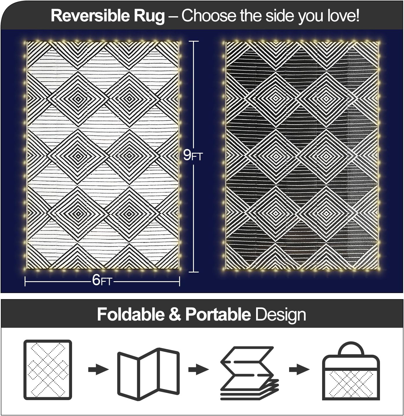 6x9ft Waterproof Outdoor Rug with LED Lights, Foldable Reversible Plastic Straw Mat for Patio RV Camping Picnic Balcony Beach Deck Indoor Outdoor Carpet, Black&White