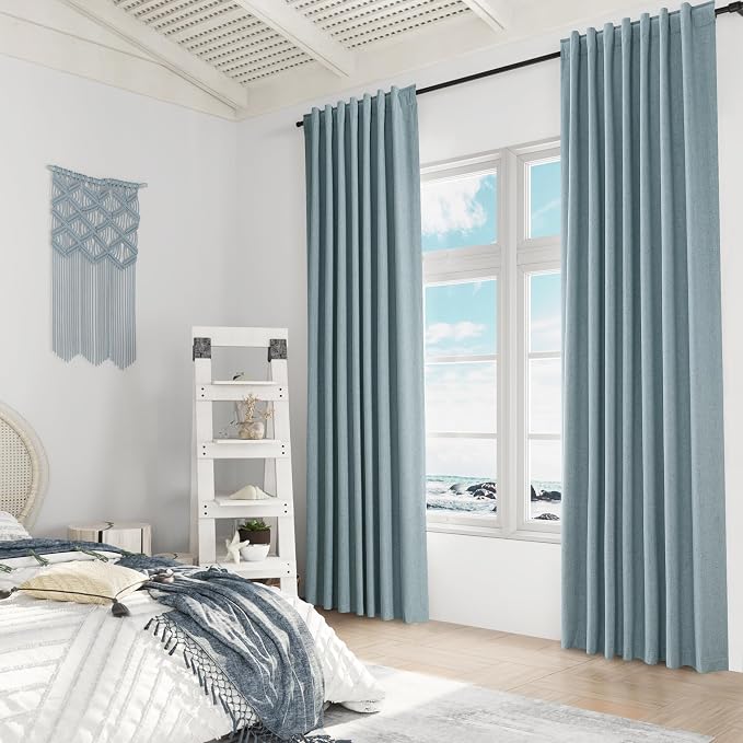 Blue 100% Blackout Linen Curtains 95 Inch Length 2 Panels Set - Image 8