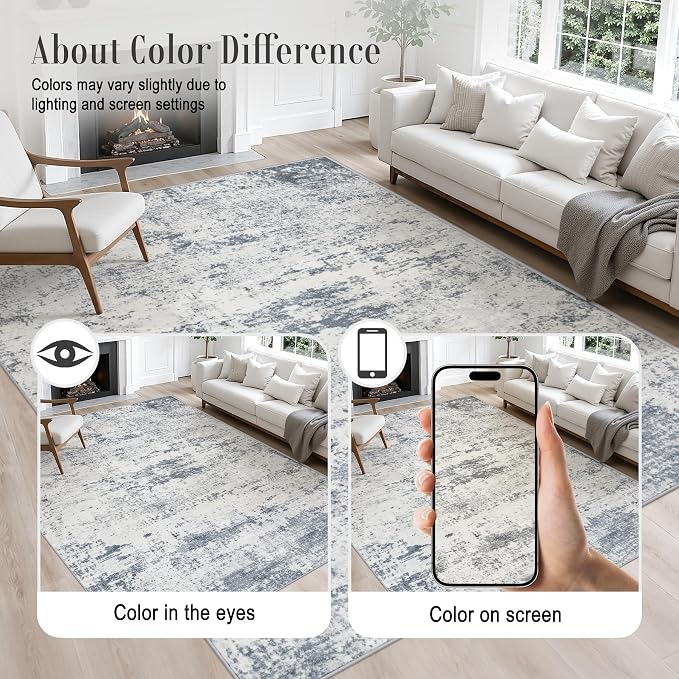 Area Rug Living Room: 5x5 Modern Washable Soft Carpet Blue Grey | - Image 4