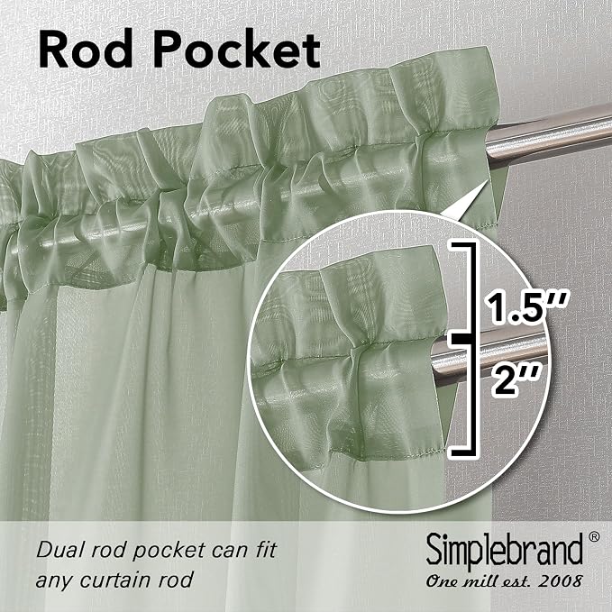 SimpleBrand Sage Short Sheer Drapes Half Window Curtains - Image 2