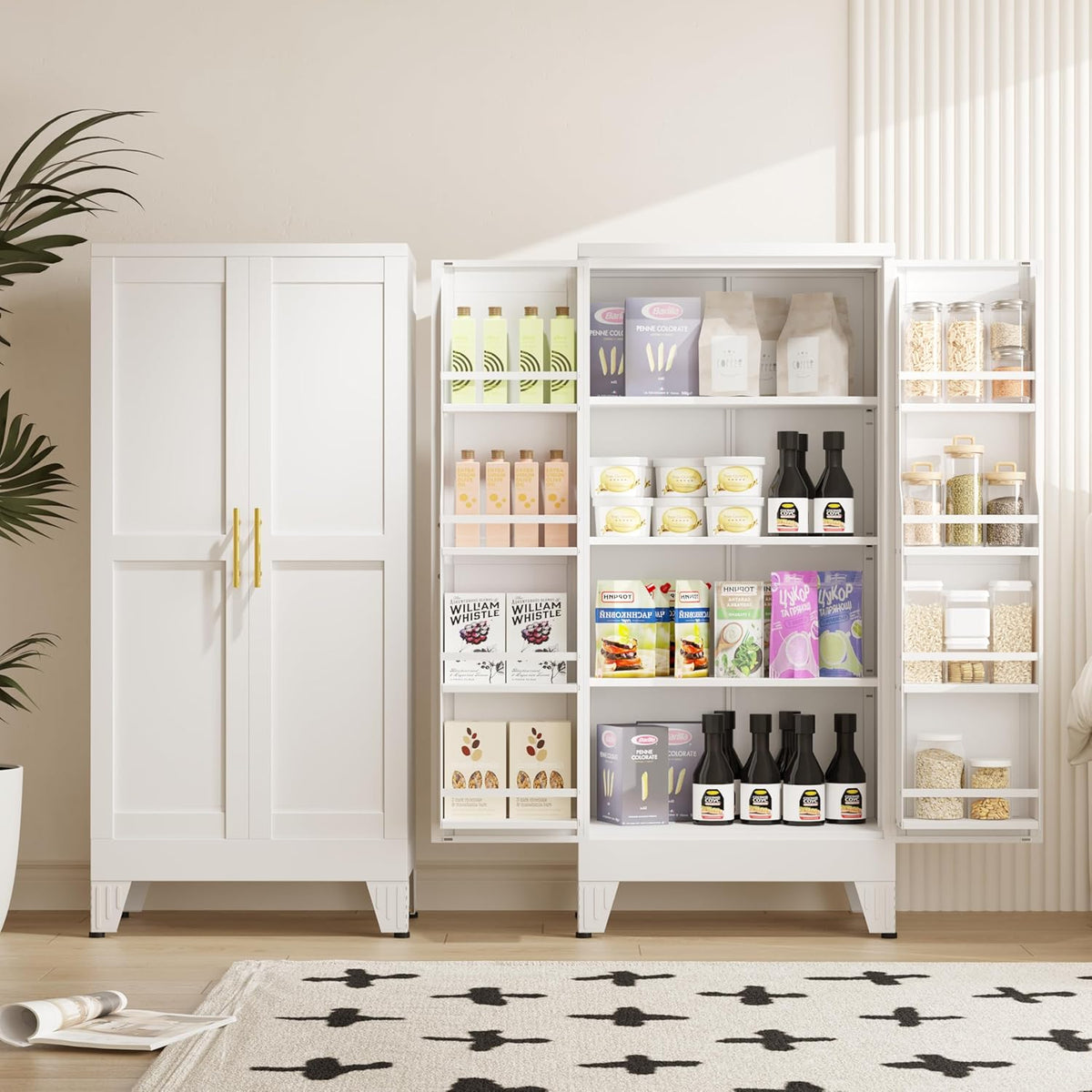 51" Metal Kitchen Pantry Cabinet, Storage Cabinets with 2 Door and 3 Adjustable Shelves, White Freestanding Food Storage Cabinet, Steel Cupboard for Kitchen Dinning Room
