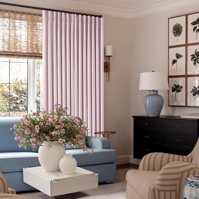 Light Pink 100% Black Out Pinch Pleat Linen 108 Inch Curtains | Black Out - Image 8