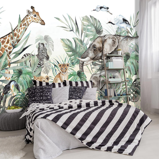 -Tropical Rainforest Plants Animals Tigers Fabric Wallpaper Jungle Plants Banana Leaves Boys Girls Kindergarten Children Bedroom Large Mural- 137"x96"（ not Peel and Stick）