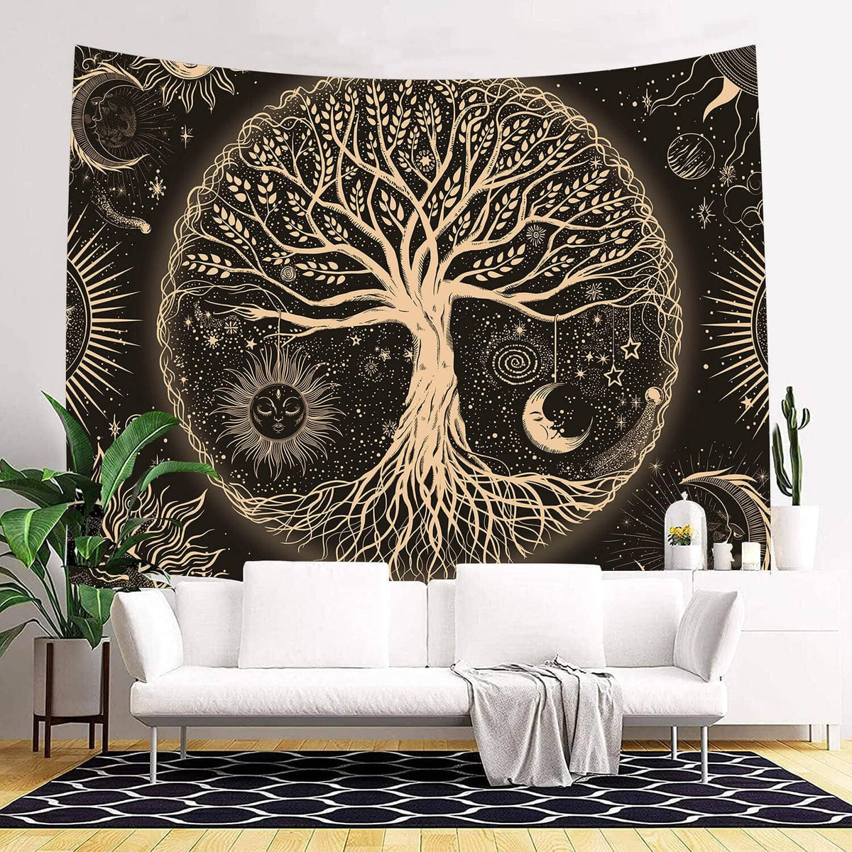 FORATER Tree of Life Tapestry Wall Hanging Sun Moon Stars Tapestries Aesthetic Galaxy Wall Tapestry Nature Home Decoration for Living Room Bedroom(36 x 48 Inch, Black and Gold)
