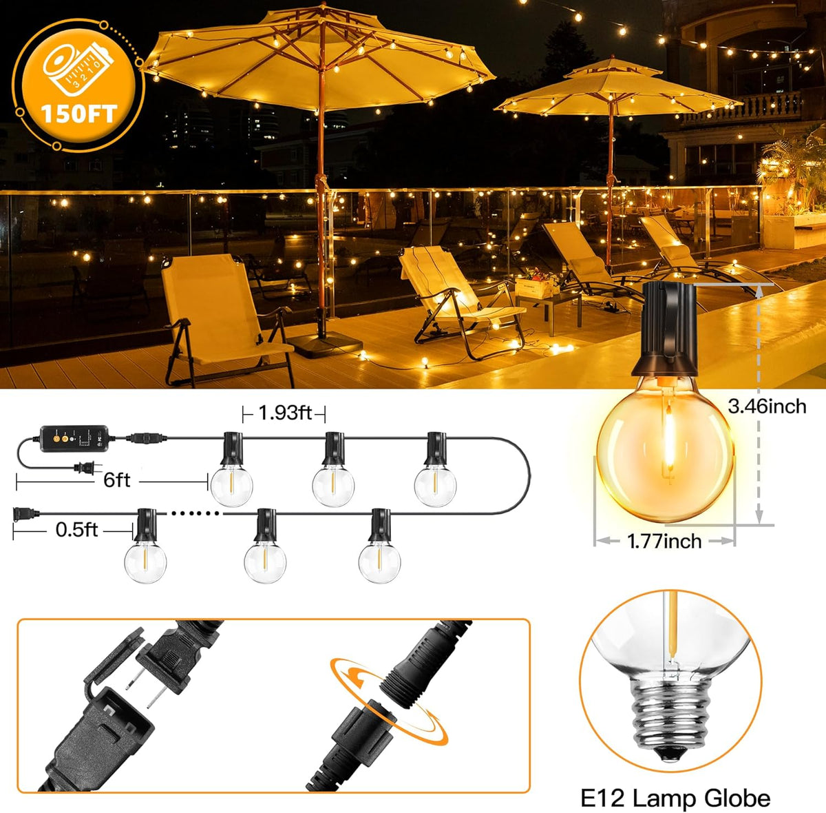 Outdoor String Lights 150FT with Remote Dimmer, G40 Globe LED Patio Lights with 75 Edison Plastic Bulbs(4 Spare), Waterproof Connectable Hanging Lights for Backyard Porch Balcony Yard Deck Party Decor