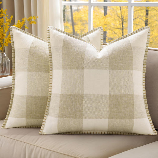 decorUhome Buffalo Plaid Check Fall Throw Pillow Covers 22x22 Set of 2, Outdoor Decorative Farmhouse Pillow Covers with Stitched Edge for Bed Couch Sofa, Cream White and Beige