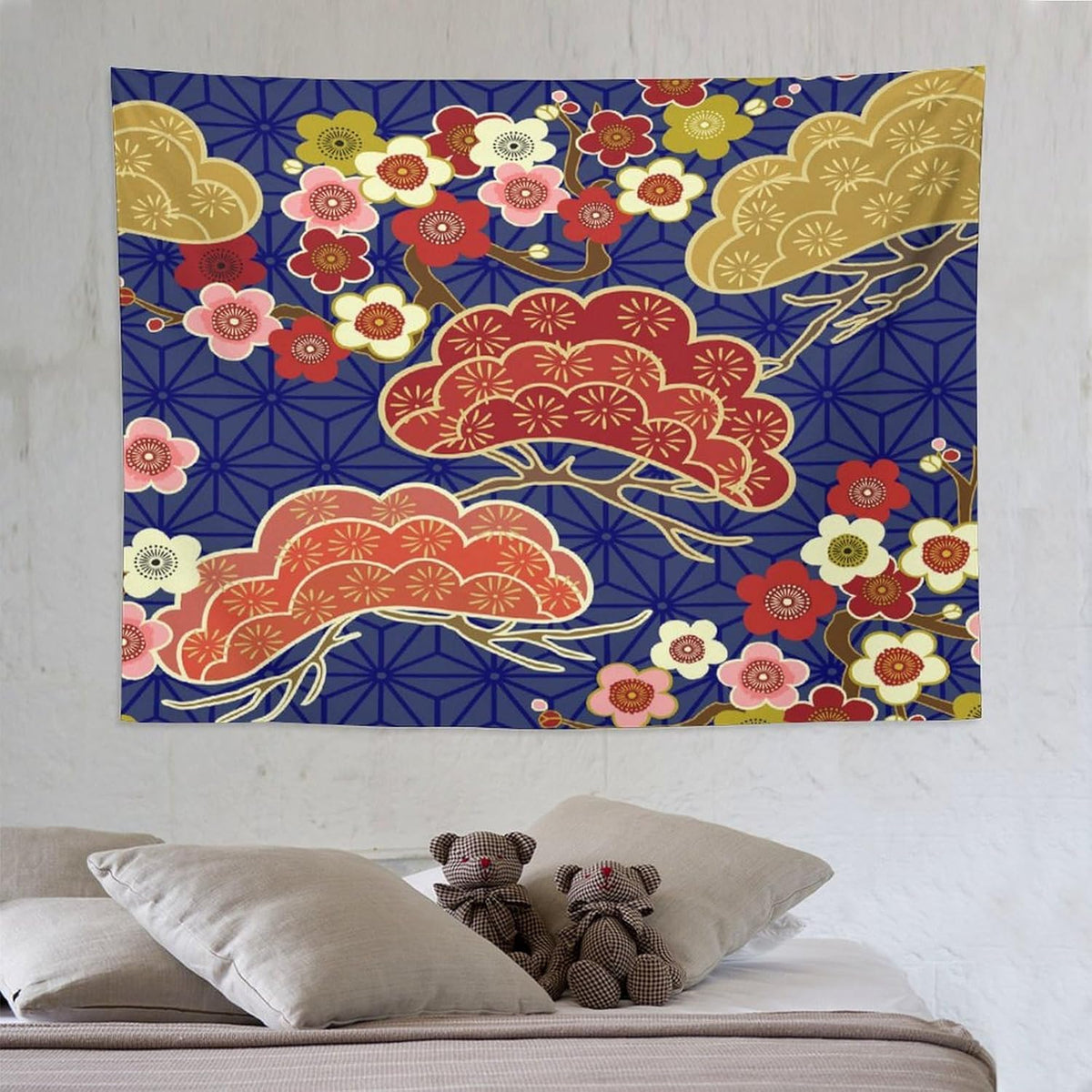 HZOHNAGO Japanese Tapestry Art Abstract Colorful Cherry Blossom Blue Background Pattern Printed Wall Tapestry Painting Wall Hanging for Bedroom Living Room Dorm 80" W x 60" H