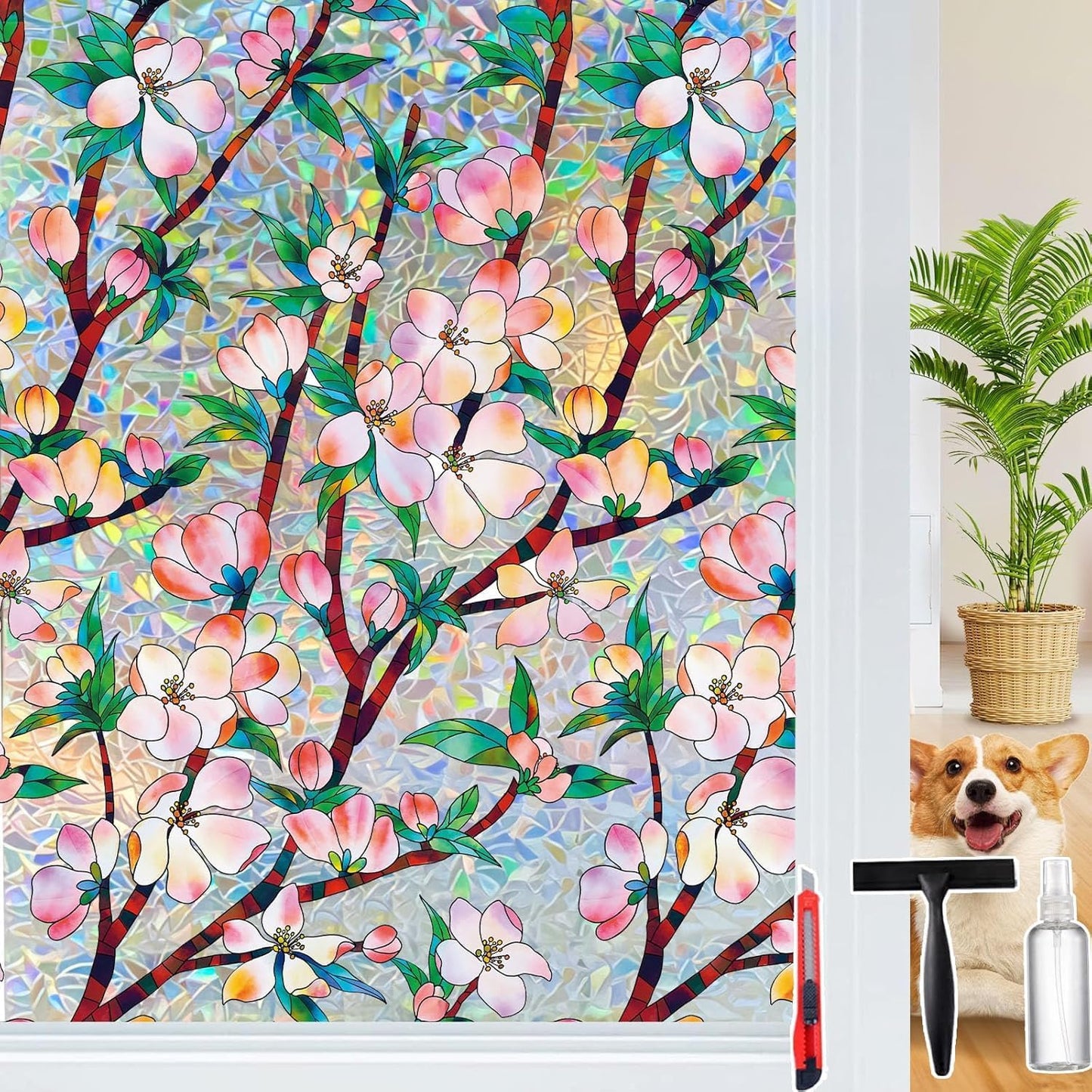 Rainbow Window Privacy Film Decorative, 3D Decals Stained Glass Clings, Static Cling Sticker, Suncatcher Windows Cover Tint for Home, 29.5 inch x 78.7 Inch