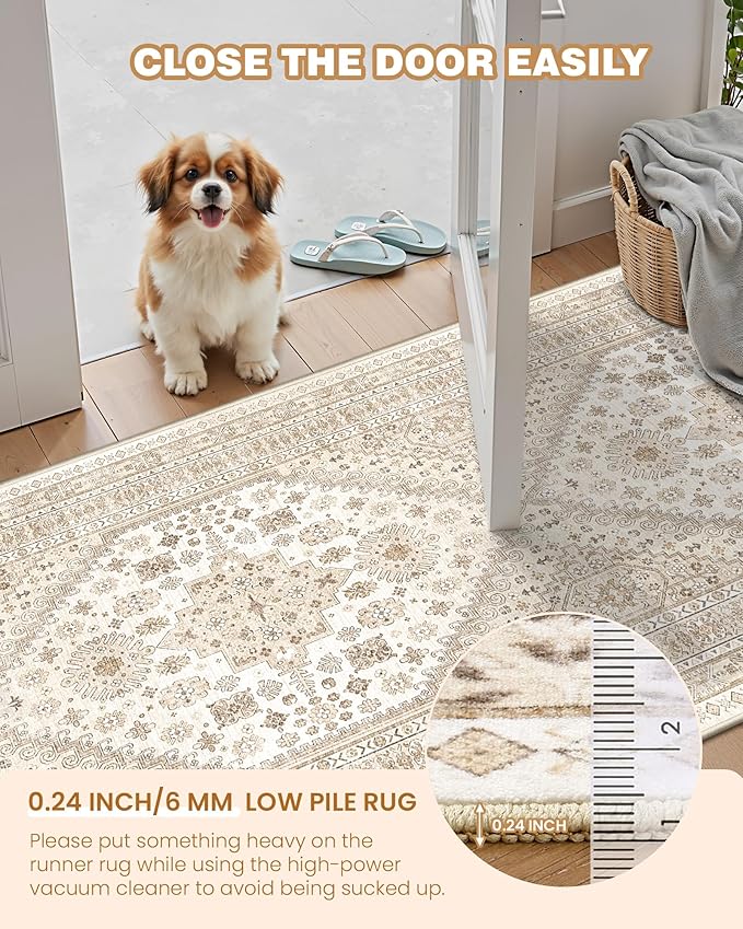 Hallway Runner Rug 2x12 Extra Long Washable Runner, Cream/Beige | Vintage Rug - Image 6