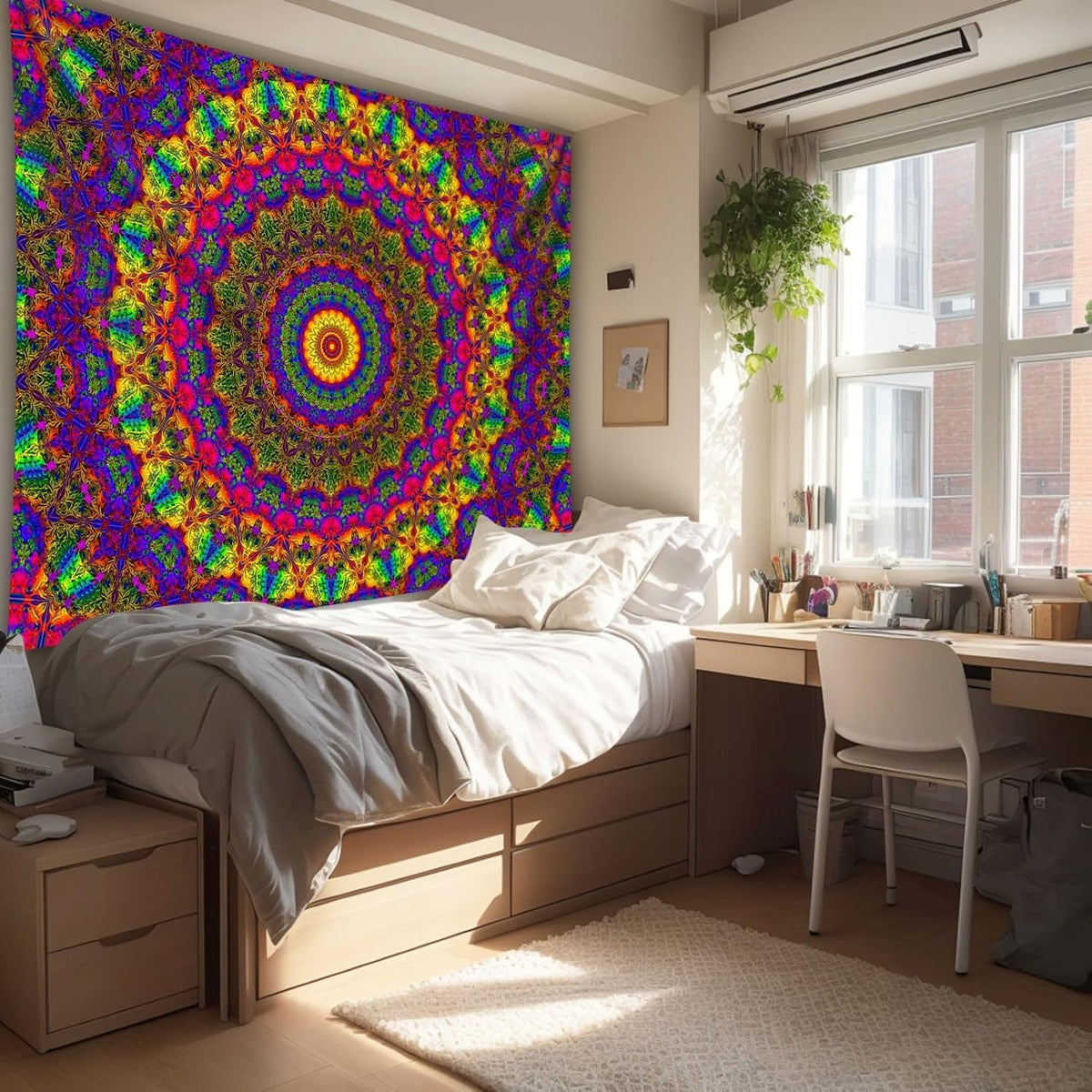 PSYHILAR Blacklight Mandala Boho Tapestry, Black Light Bohemian Hippie Poster for Adults and Teens, Aesthetic Colorful UV Reactive Wall Art Decor for Bedroom (90 x 70 Inches)