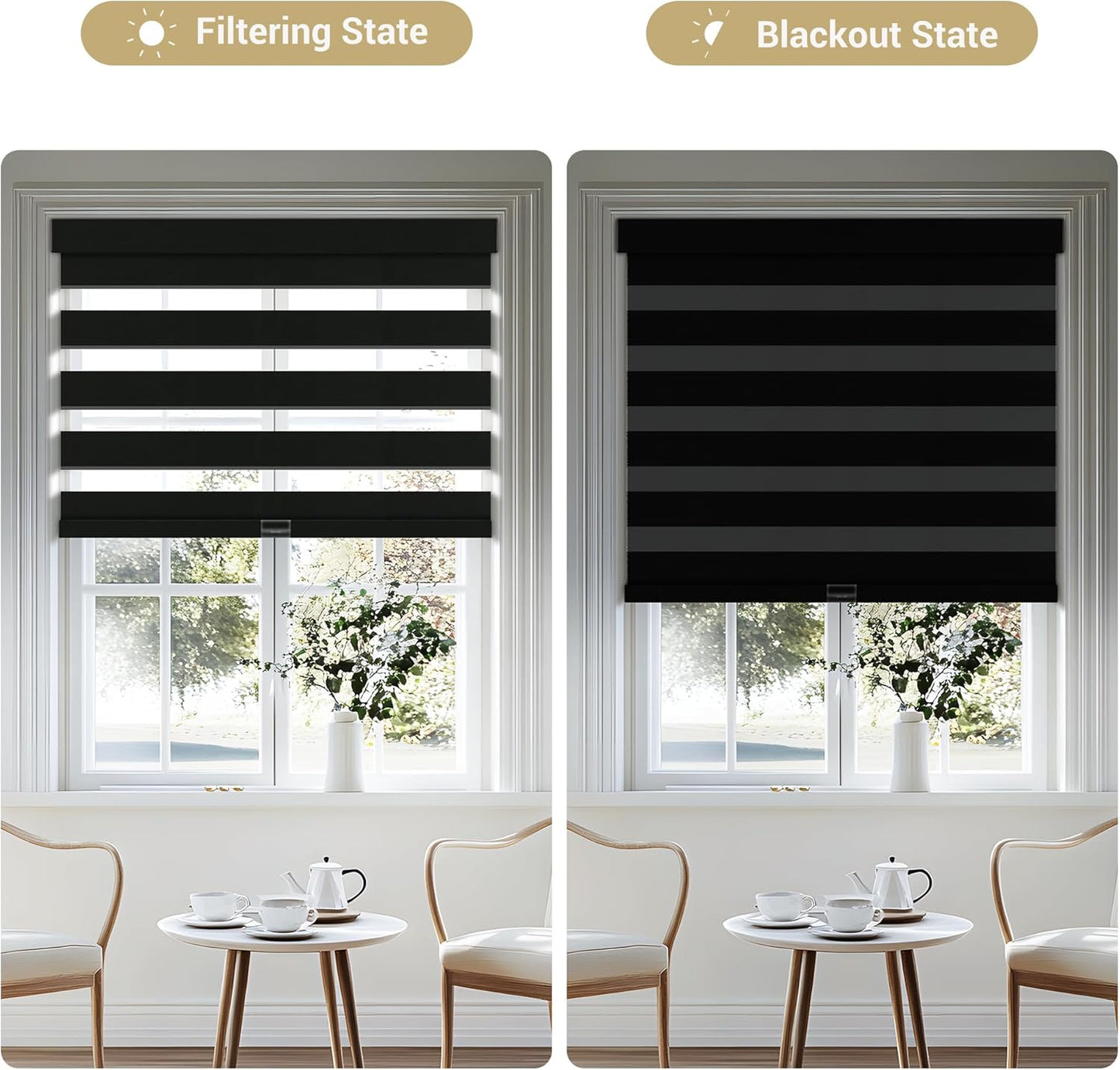 Cordless Zebra Blinds for Windows, Blackout Interior Blinds,Easy to Install,UV Protection,for Offices and Home,Custom Roller Shades, Solid Black, 47" W x 64" H