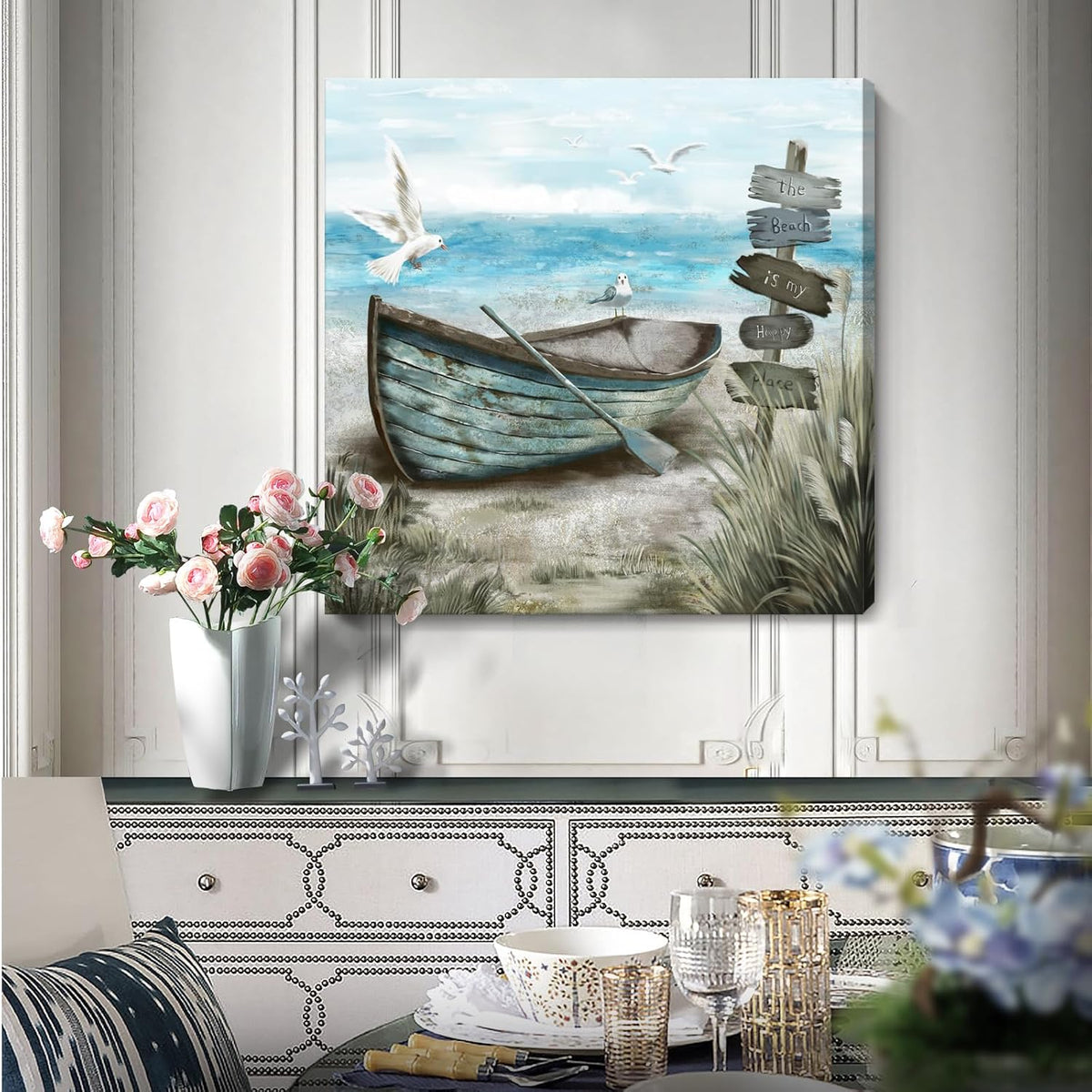 Canvas Wall Art Beach Décor Wall Picture Rustic Coastal Sand Canvas Print Ocean Nautical Painting Seascape Sea Bird Vintage Ship Boat Artwork for Seaside Living Room Bedroom Bathroom Decor Blue Large