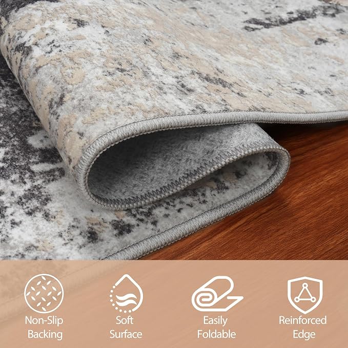 Round Rug 8ft Washable Rug for Dining Room Living Room Black Grey Gold | Modern - Image 7