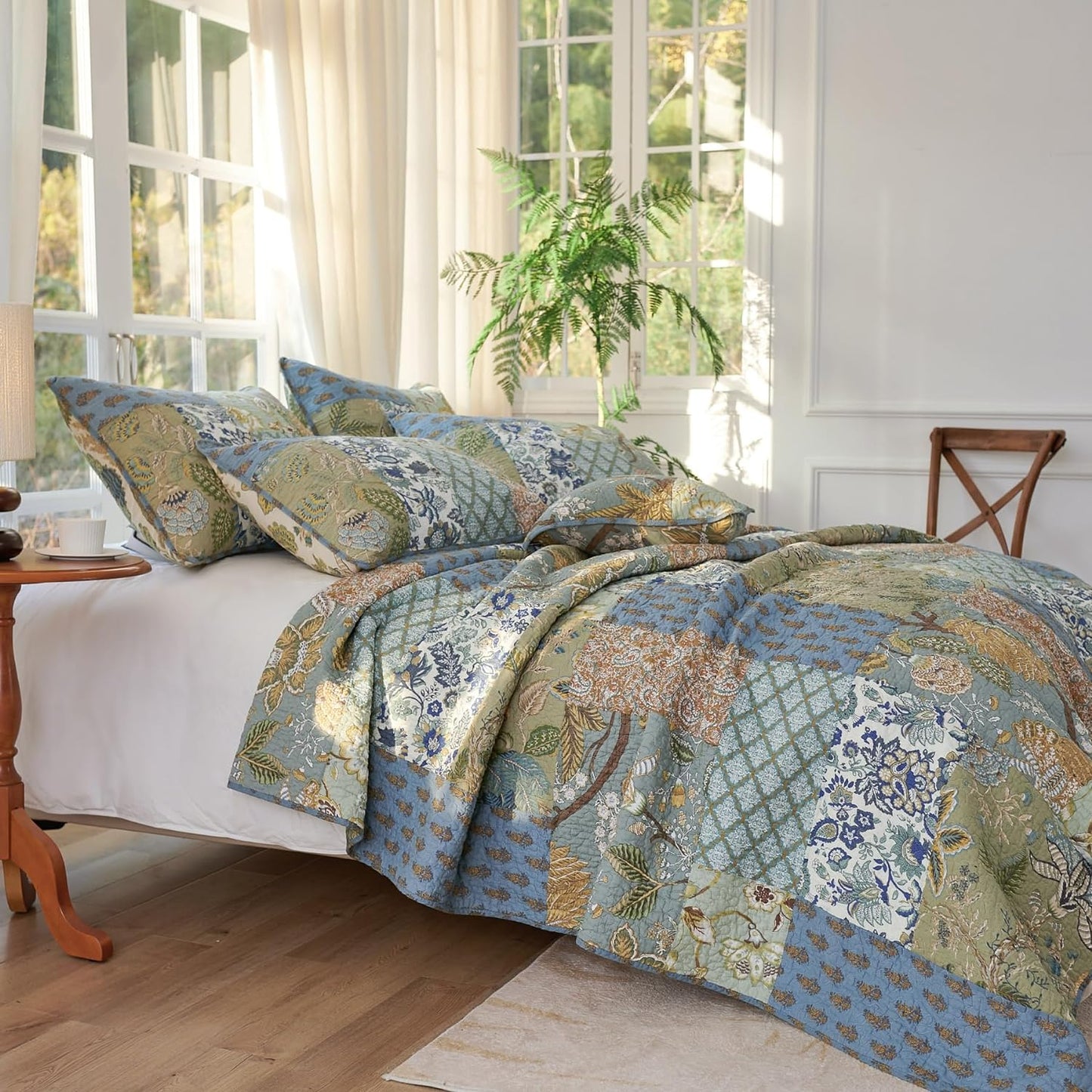 Secgo Queen Comforter Set for Bed - 100% Cotton Quilts Queen Size, Green, Sage Bedspreads (90 * 98 Inch) with 2 Pillow Shams, Patchwork Reversible Lightweight Bedding