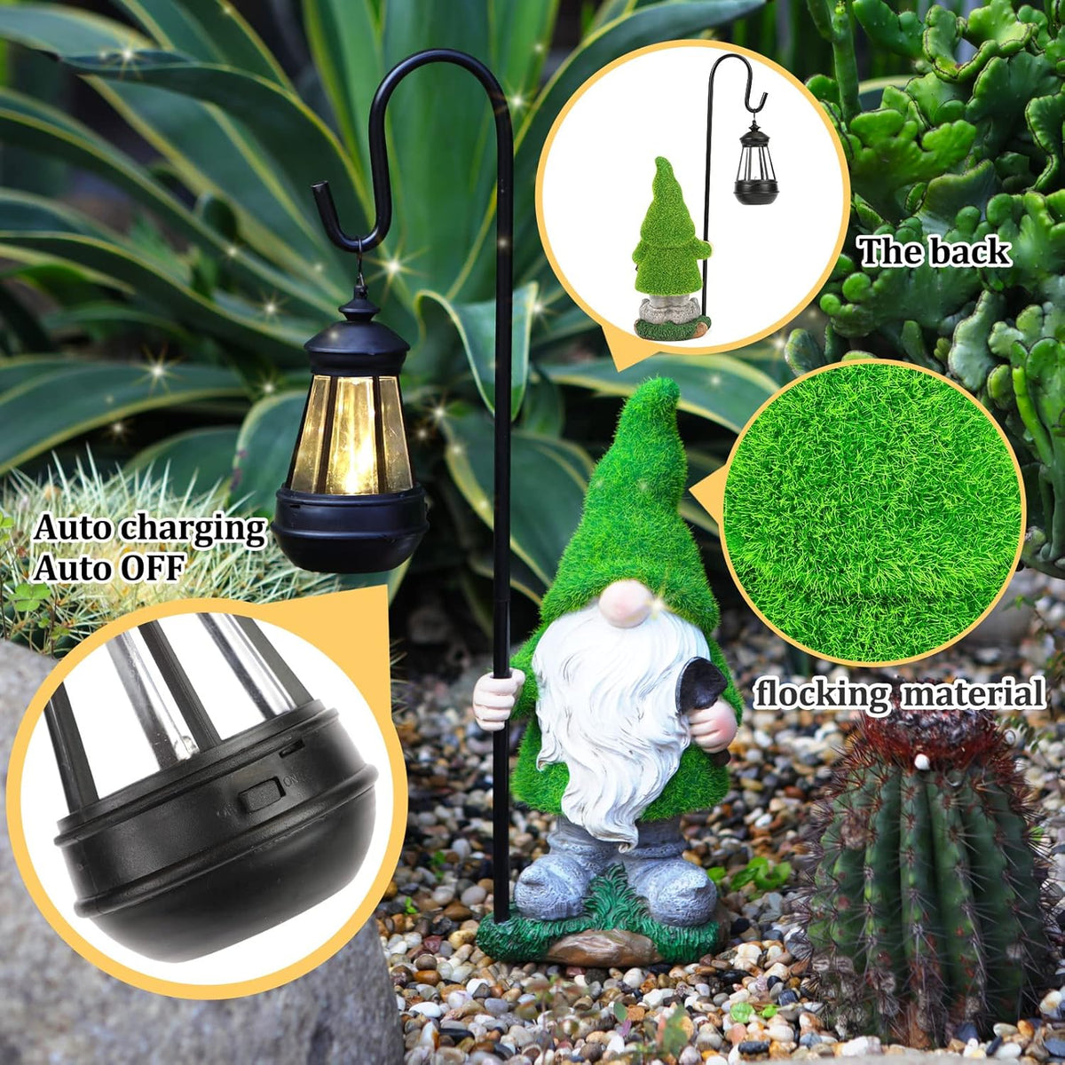 Flocked Solar Garden Gnomes Outdoor Statues 15.8”Outdoor Garden Decor LED Outdoor Decor Light Unique Housewarming Gifts Yard Art Sculptures for Patio Lawn Ornaments