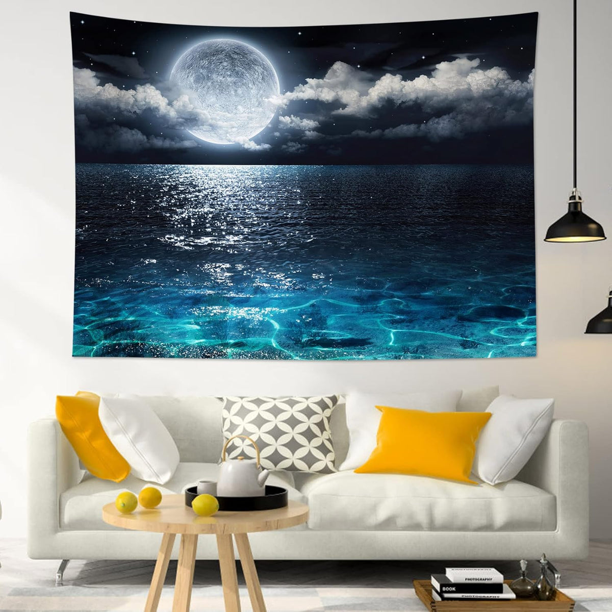 LB Moon Over Ocean Tapestry, Night Sky Tapestry Wall Hanging, 3D Fantasy Psychedelic Watercolor Wall Art for Bedroom Living Room Dorm Home Decor, 60 x 40 Inches