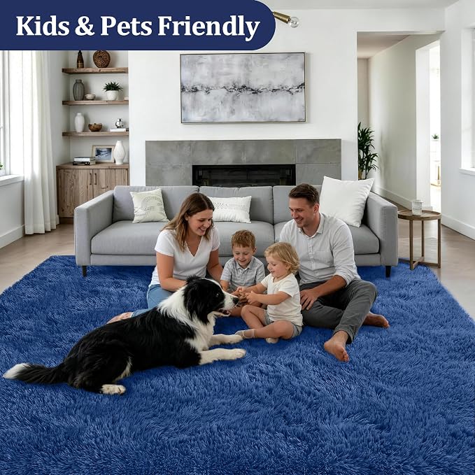 Area Rug Living Room Bedroom: 4x6 Fluffy Plush Shag Carpet Blue | - Image 4
