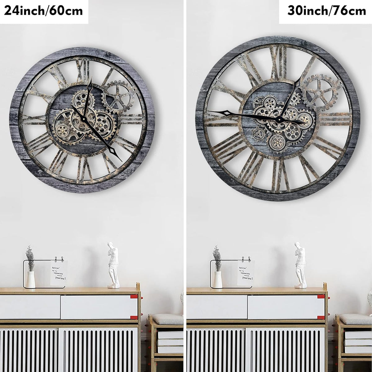 The B-Style Large Real Moving Gears Wall Clock 30 inch Rustic Retro Industrial Farmhouse Wood Clock Oversized Decorative Vintage Wall Clocks for Living Room (Carbon Gray)