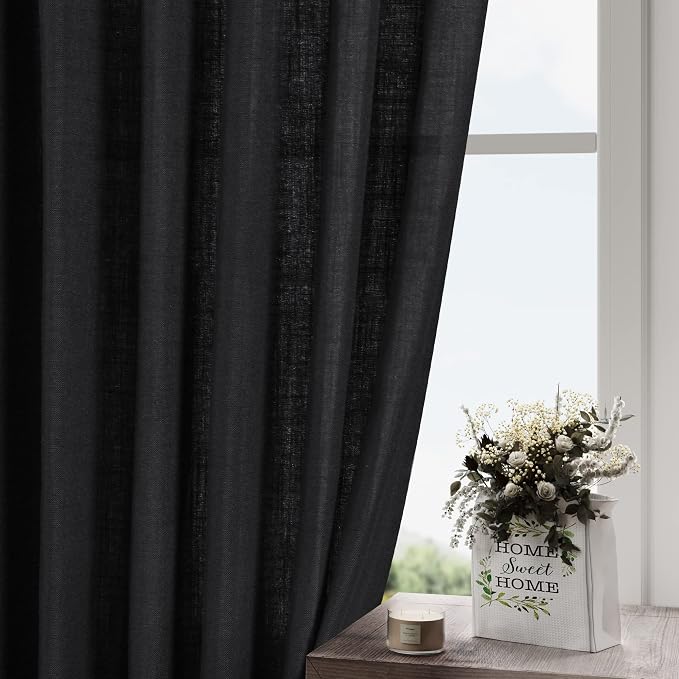 Black Linen Sheer Curtains 54 Inch Length 2 Panel Set Back Tab Pocket Semi - Image 2