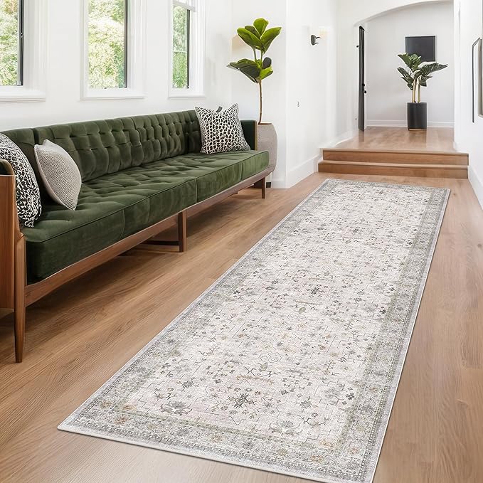 Boho Washable 3x20 Extra Long Hallway Runner Rug, Neutral Light Gray & Sage - Image 3