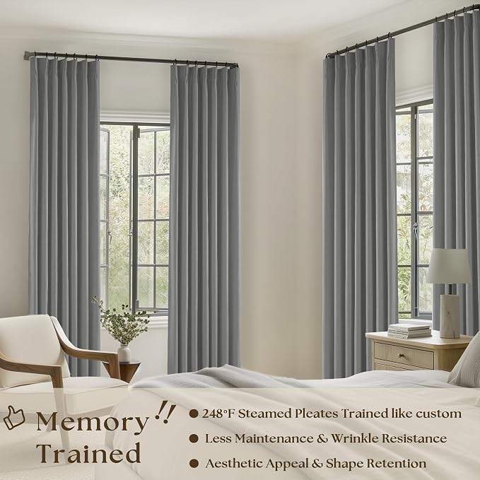 Grey 100% Blackout Pinch Pleat Linen Curtains 108 Inches Long - Image 2
