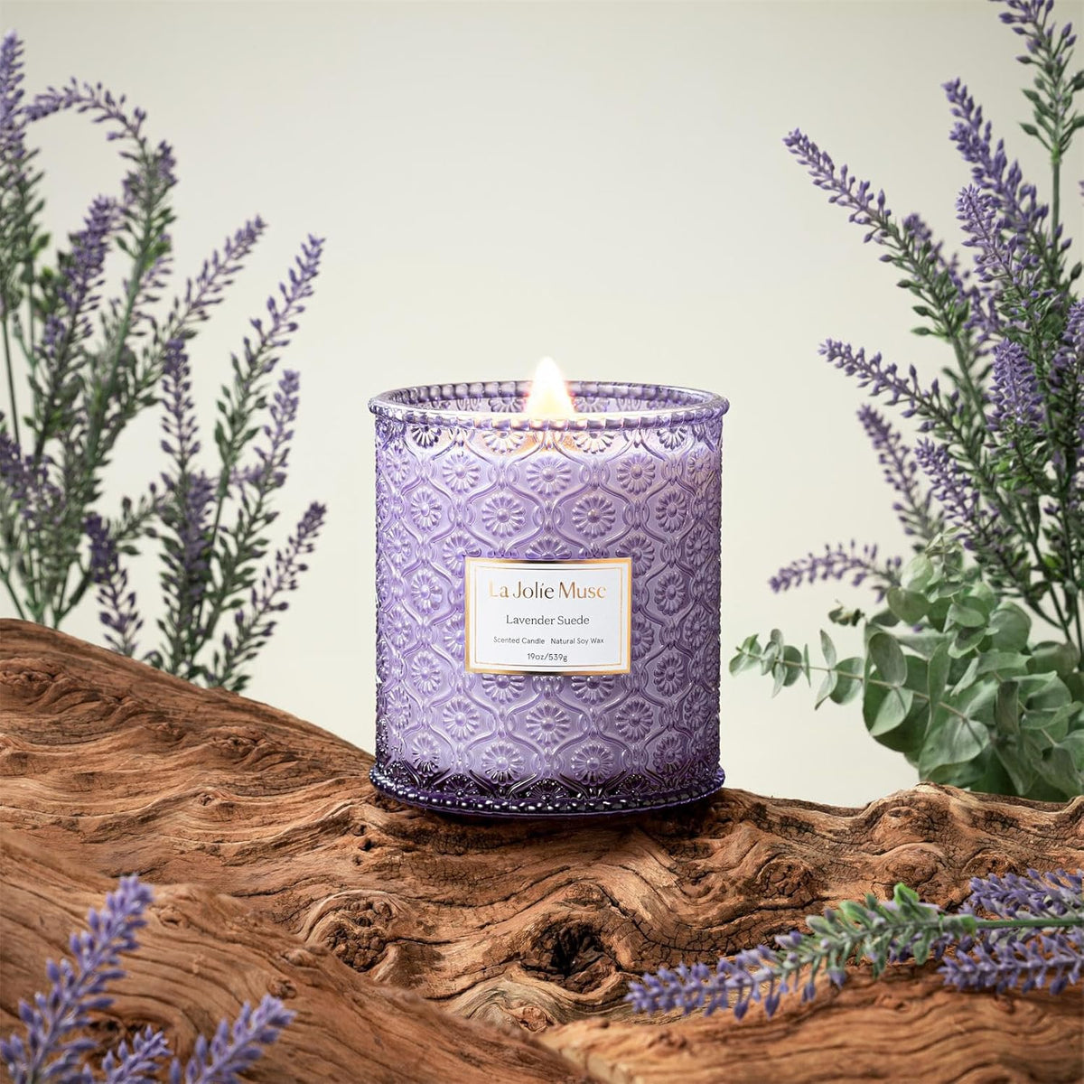 LA JOLIE MUSE Lavender Suede Candle – Eucalyptus, Lavender & Sandalwood 19 oz Large Wooden Wick Candle | Natural Soy Wax | 90 Hours Clean Burn | Aromatherapy Candle for Relaxation
