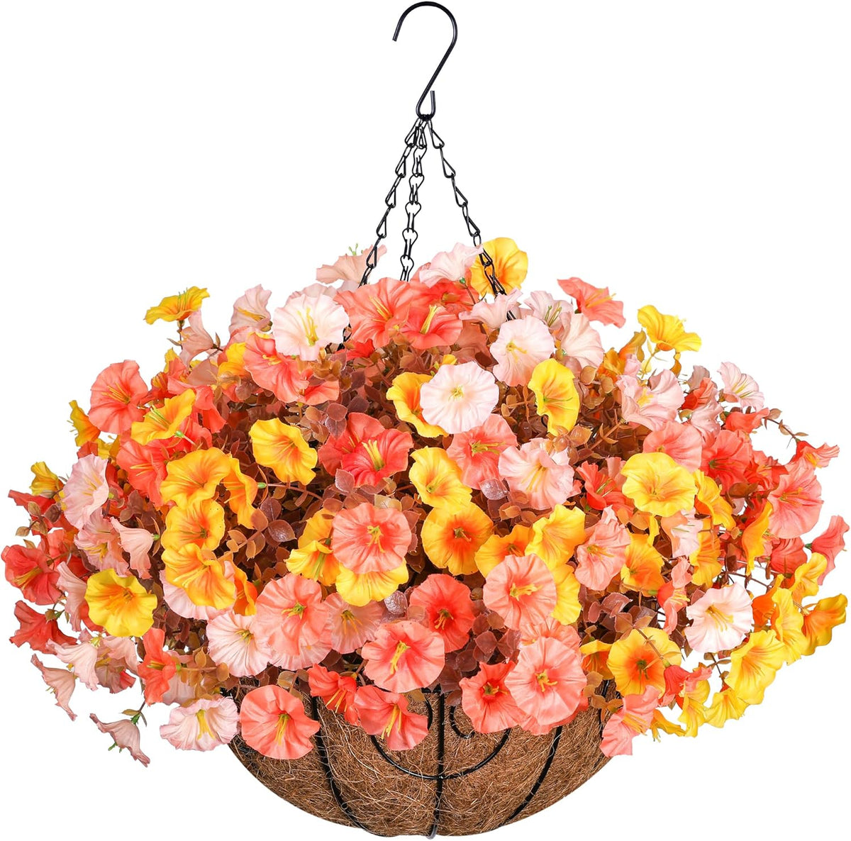Artificial Fall Flowers Fake Hanging Plants Flowers Basket for Outdoors Autumn Decoration, Silk Morning Glory with Eucalyptus Look Real UV Resistant Faux Flowers for Outside Porch Patio Balcony, Mix