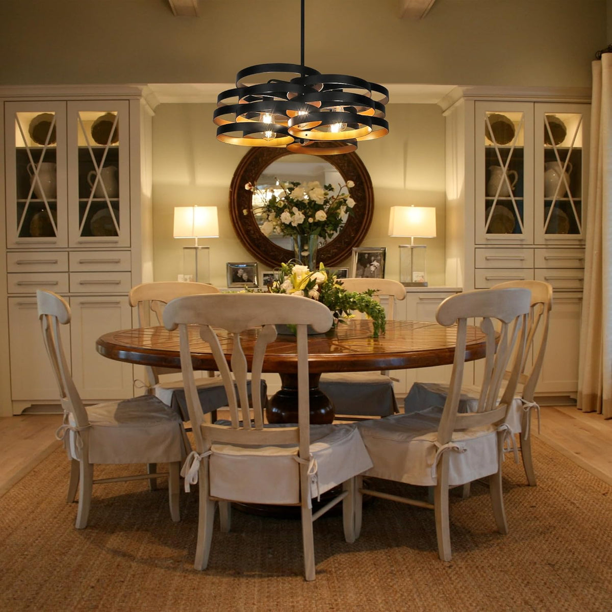 6-Light Modern Farmhouse Chandeliers for Dining Room, Rustic Multiple Rings Pendant Lighting, Industrial Metal Round Chandelier for Kitchen Entryway, Black with Gold Interior