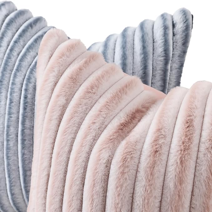 decorUhome Fall Faux Fur Throw Pillow Covers 26x26 Set of 2 Pink White | - Image 2