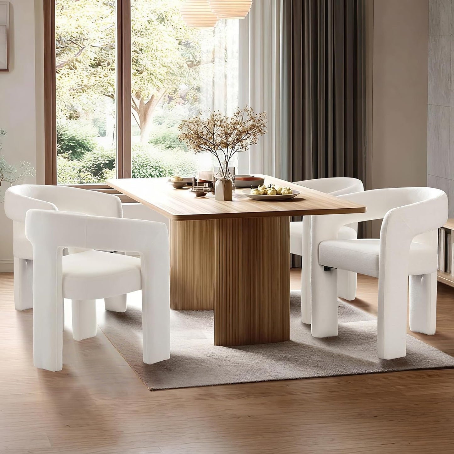 White Chenille Dining Chairs Set of 4, Modern Barrel Dining Room Chairs Upholstered Accent Chair with Arms and Round Back for Living Room Kitchen Armchair No Assembly Needed