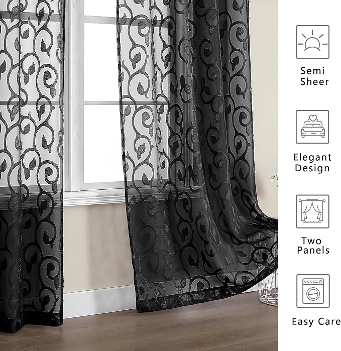 Furman Black Sheer Curtains Tiers 24 Inch Length 2 Panels Set, Airy Lightweight - Image 6
