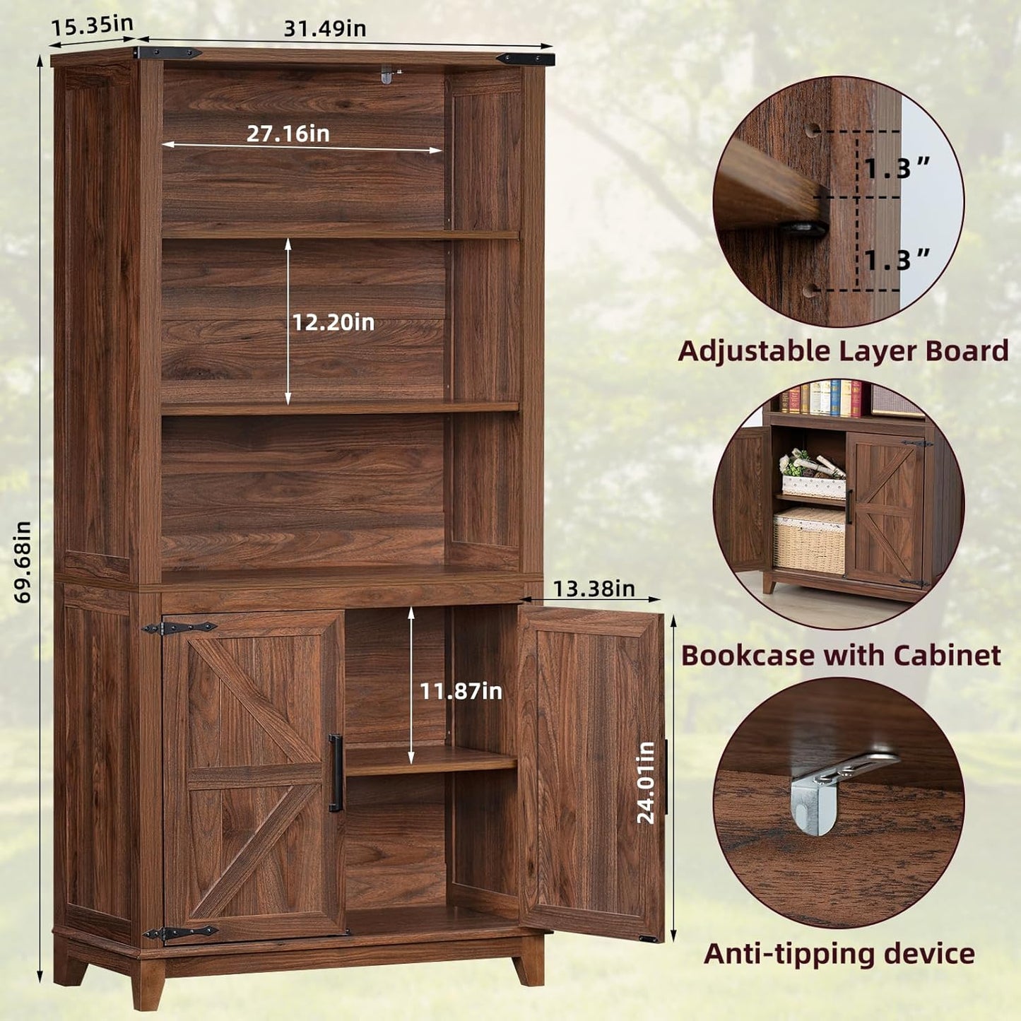 70in Tall Bookshelf 5 Tier Bookcase with Barn Doors and Adjustable Shelves, Brown Farmhouse Book Shelf with Storage Cabinet, Wood Freestanding Display Bookshelves for Bedroom, Kitchen (3PCS)