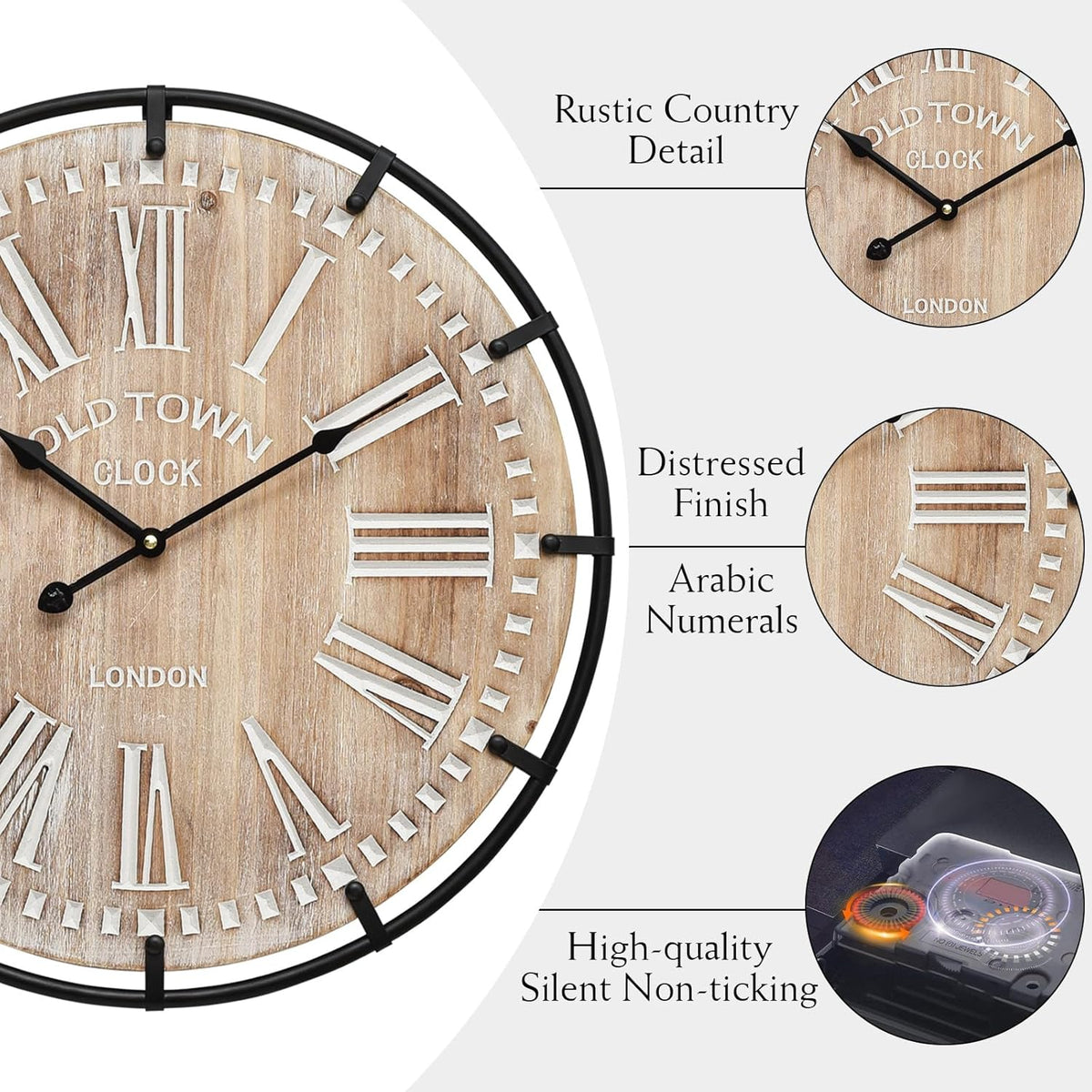 24 Inch Grand Farmhouse Wall Clock, Vintage-Inspired Wood & Metal Design with Large Etched Numbers, Silent Battery-Powered Timepiece for Offices, Kitchens, Bedrooms, and Living Rooms