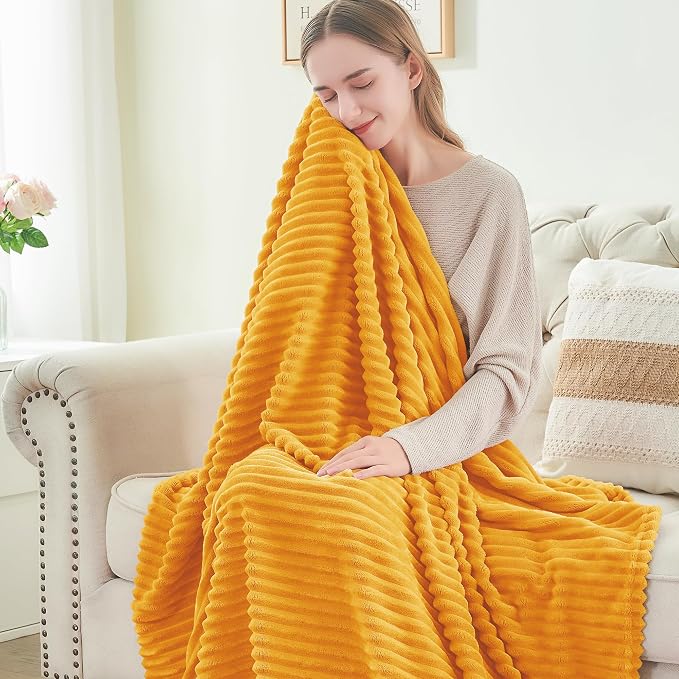 BEDELITE 3D Ribbed Mustard Yellow Fleece Twin Blanket - Image 4