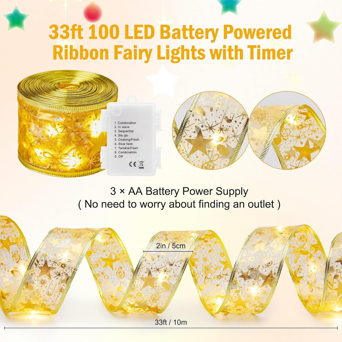 Minetom Christmas Tree Ribbon String Lights - 33ft 100 LED Battery Powered Fairy Lights with Timer