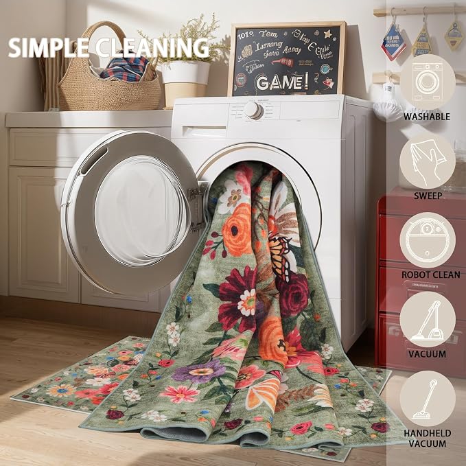 Floral Large Area Rug 10x14 for Living Room Bedroom | Low Pile; Non Slip; - Image 4
