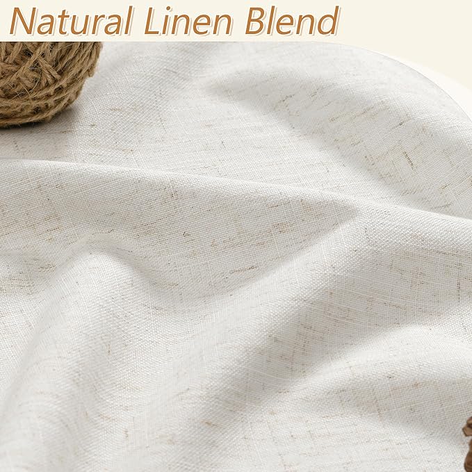 Beige White 100% Blackout Linen Curtains 108 Inch Length 2 Panels Set - Image 3
