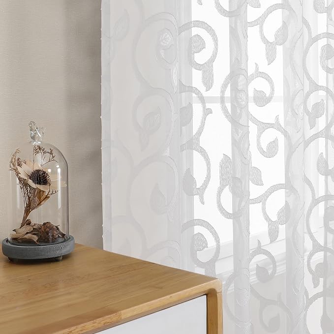 Furman Sheer White Curtains 45 Inch Length 2 Panels Set, Airy Jacquard Clip by OWENIE