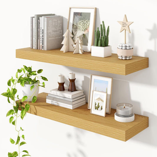 Heimlove 36 Inch Floating Shelves for Wall Set of 2,Oak Wall Shelves for Storage & Decor - Heavy Duty with Invisible Brackets,Perfect for Living Room,Bedroom,Home Office