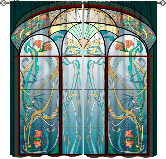 Stained Glass Curtains, Retro Mid Century Boho Abstract Art Home Decor Drapes for Bedroom Living Room Kitchen Window Treatment 2 Panels Set Total Size 42" W X 45" L Inch